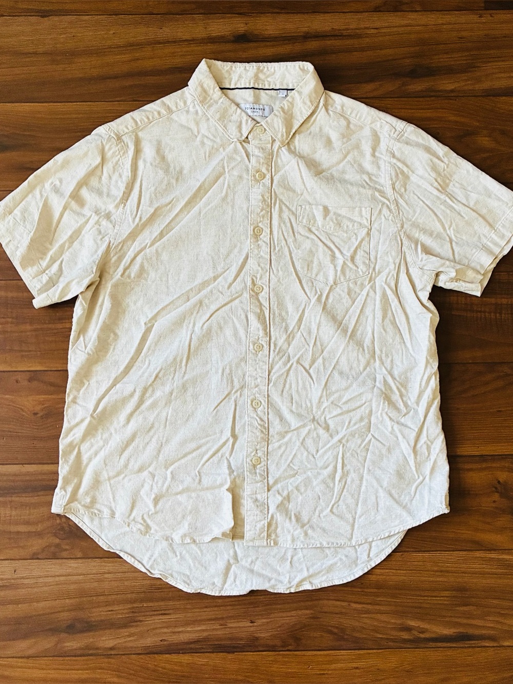 7 Diamonds Linen Tan Mens Short Sleeve Stretch Button Down Size Large